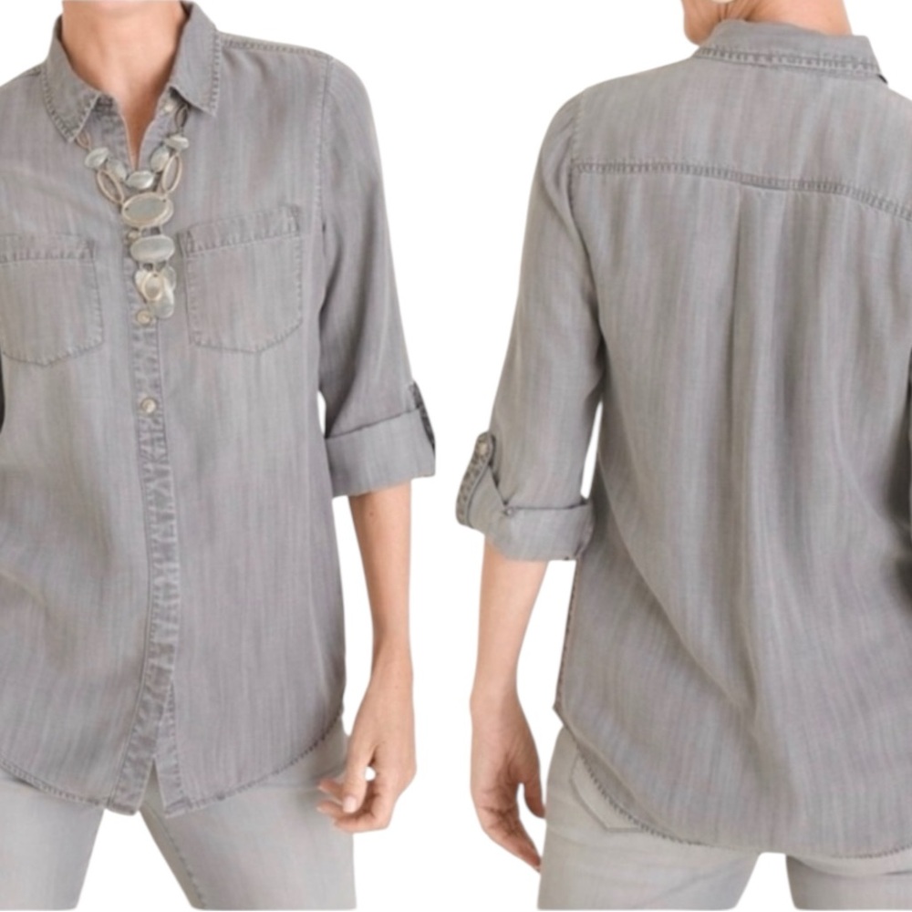 CHICO’s Half Placket Button-Down Shirt in Moonstone Size 0 (4-6) - Picture 2 of 13